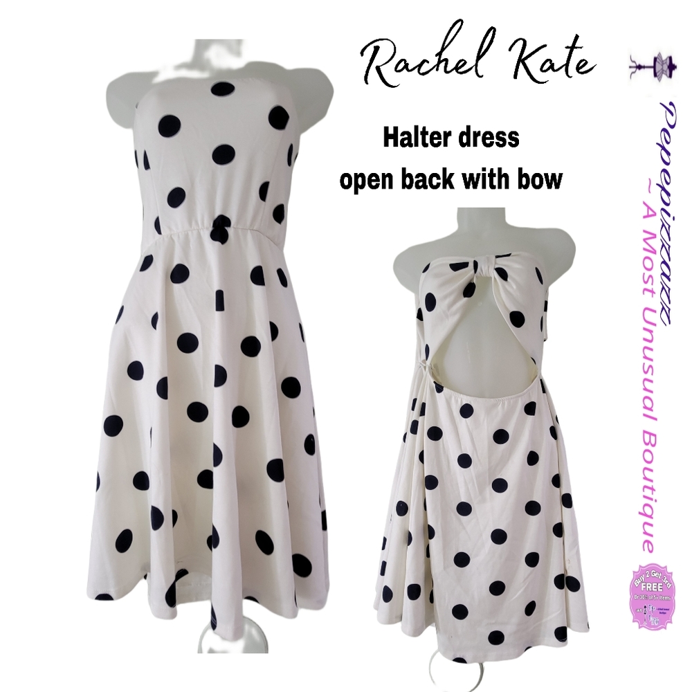 Rachel Kate Halter polka dot dress with open back with bow. Stretch pull over.